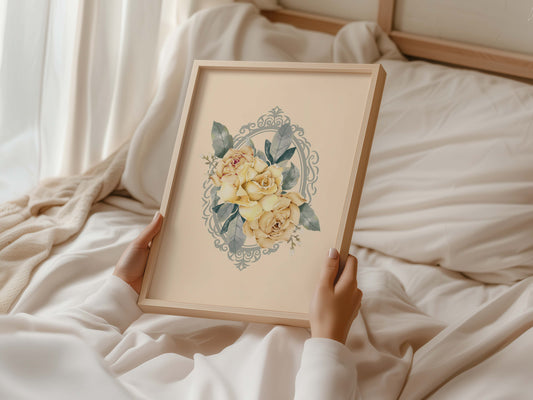Vintage floral nursery wall art print featuring yellow roses in an ornate grey oval frame on a cream background. Elegant wall decor for a classic baby girl's room.